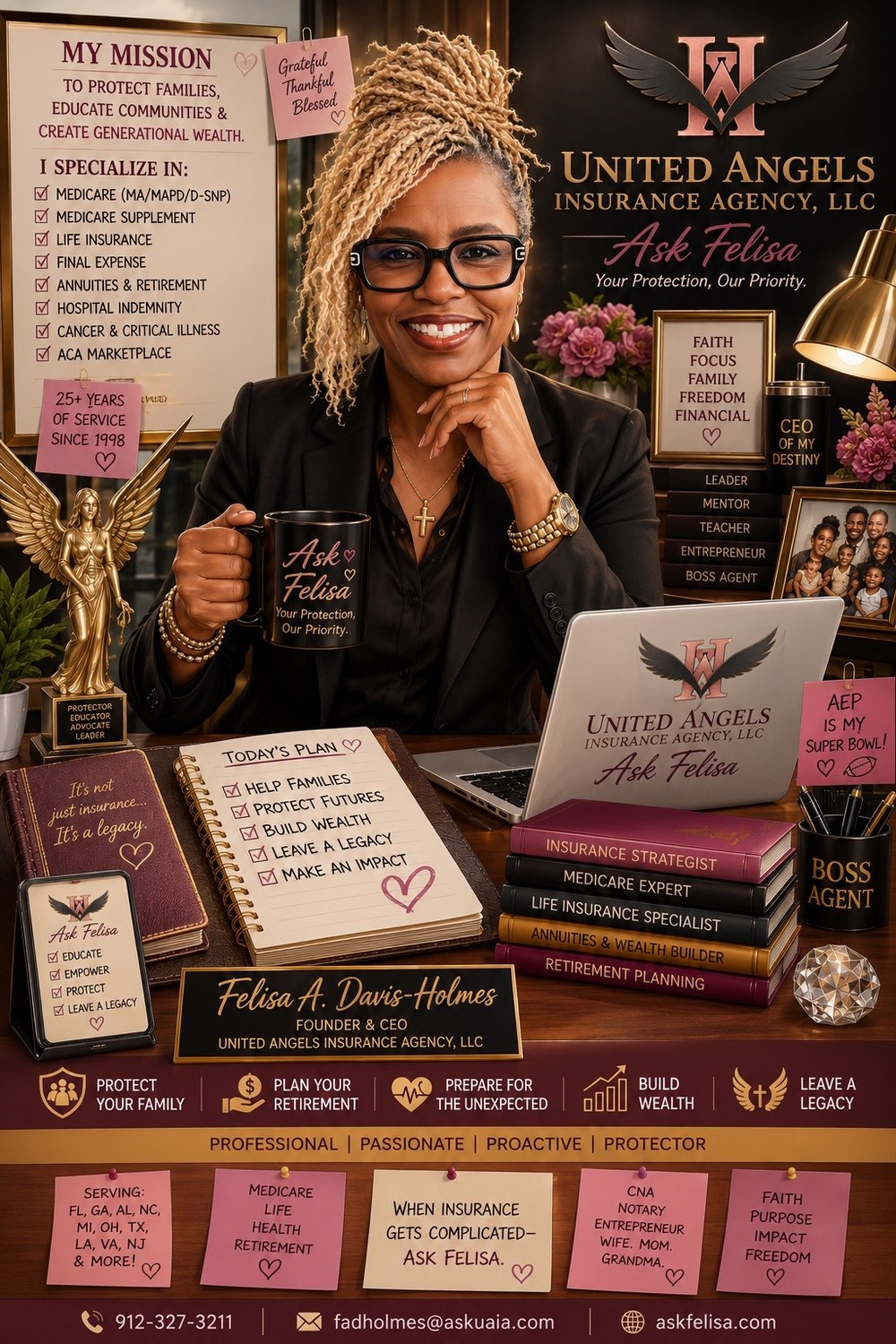 Felisa A. Davis-Holmes, founder of AskFelisa, smiling at her desk with an Ask Felisa mug
